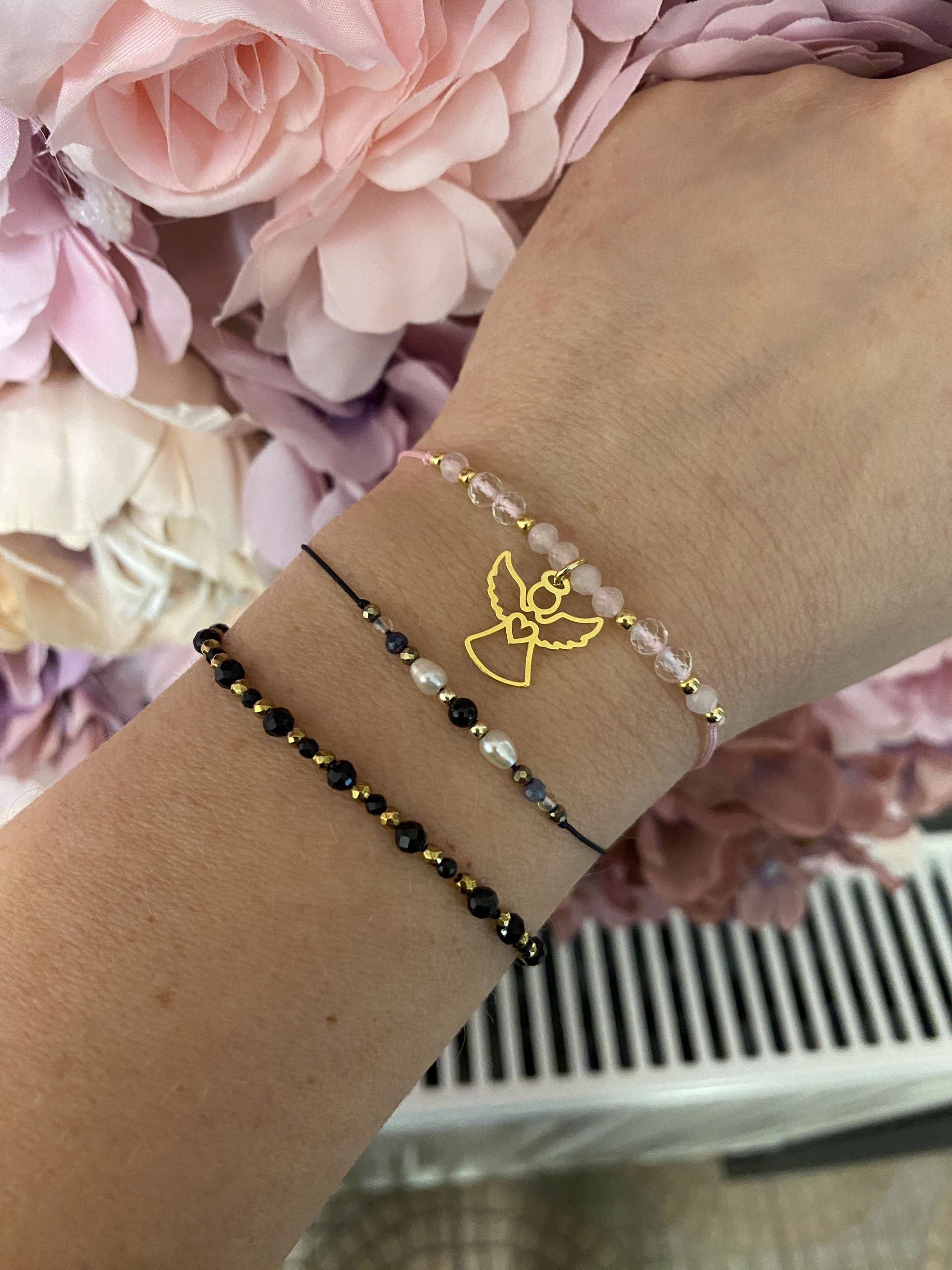 Bransoletka z aniołkiem anioł kamienie naturalne KOMUNIA CHRZEST ROCZEK 925 Materiał Srebro pozłacane