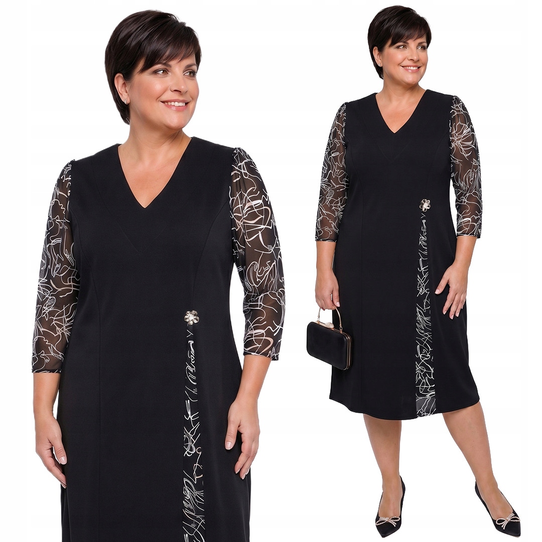 Černá šaty s šifonovými rukávy a béžovo-bílými vzory plus size velikost 56/