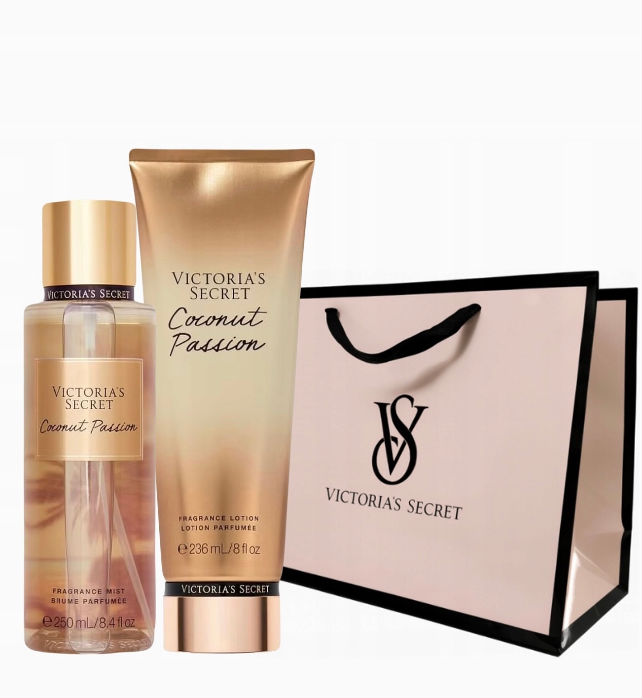 Zestaw Victoria’s Secret Coconut Passion mgiełka balsam torebka z logo