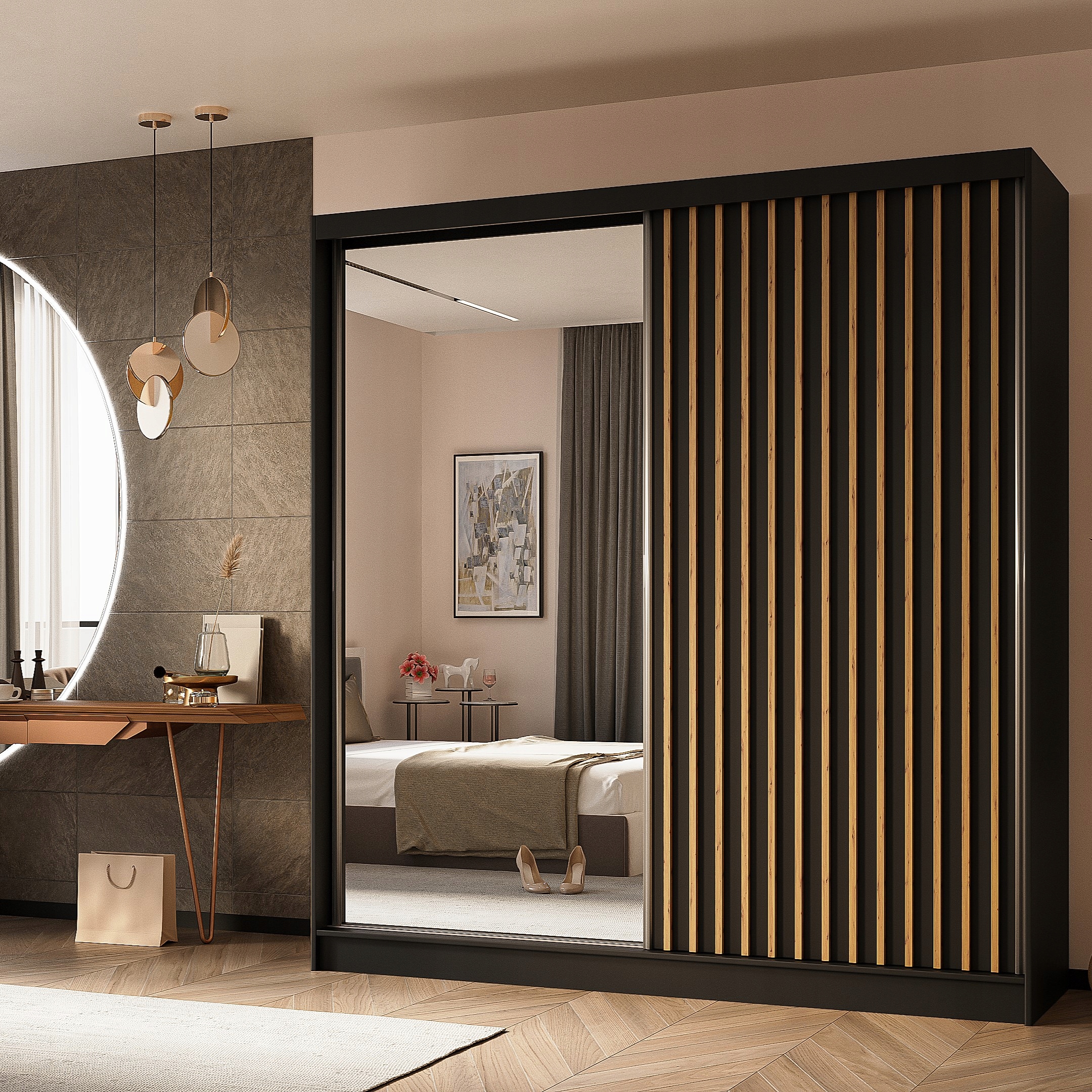 Skříň dvoudveřová Lamello 200 cm Skříň se zrcadlem Posuvná černá