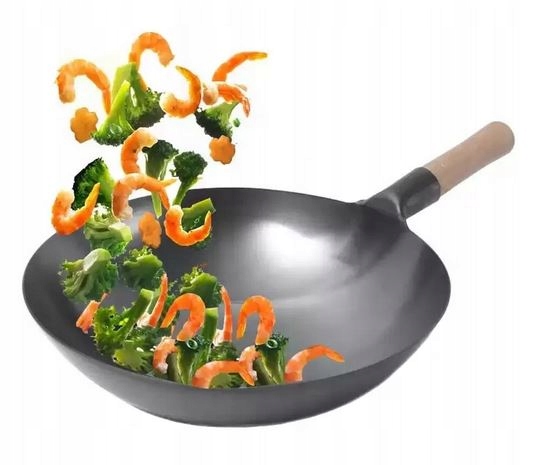 Patelnia wok 33 cm ze stali węglowej kuta chińska głęboka duża solidna