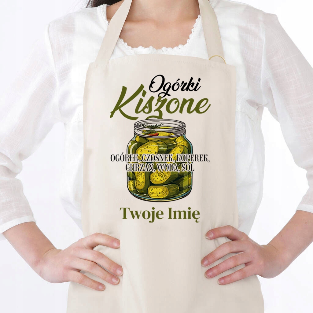 Béžová bavlněná zástěra Kuchyně Polská pro kuchařku Okurky Kysané vzory