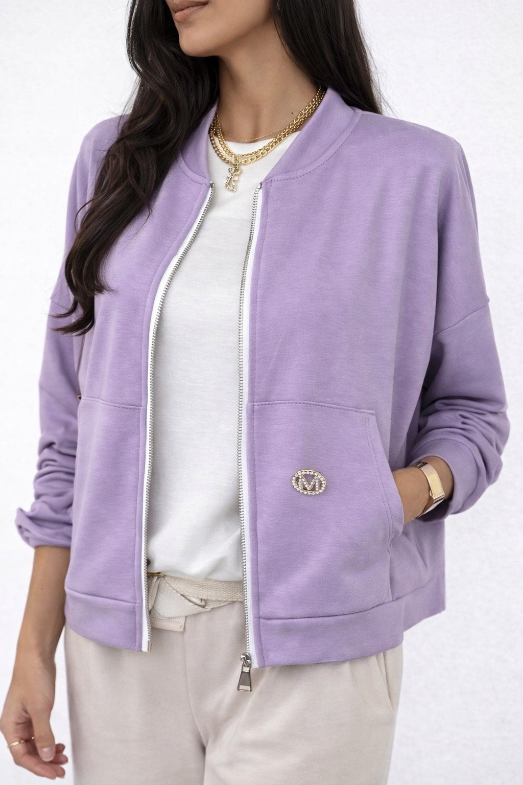 Bluza damska bomberka na zamek elastyczna z przypinką fioletowa liliowa