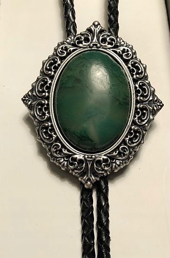 Bolo western postříbřené zelené s Greenstone pleteninou, přírodní kůže