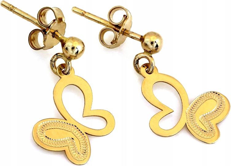 Náušnice zlaté 585 jemné motýlky motýlci visící na tyči šroubky