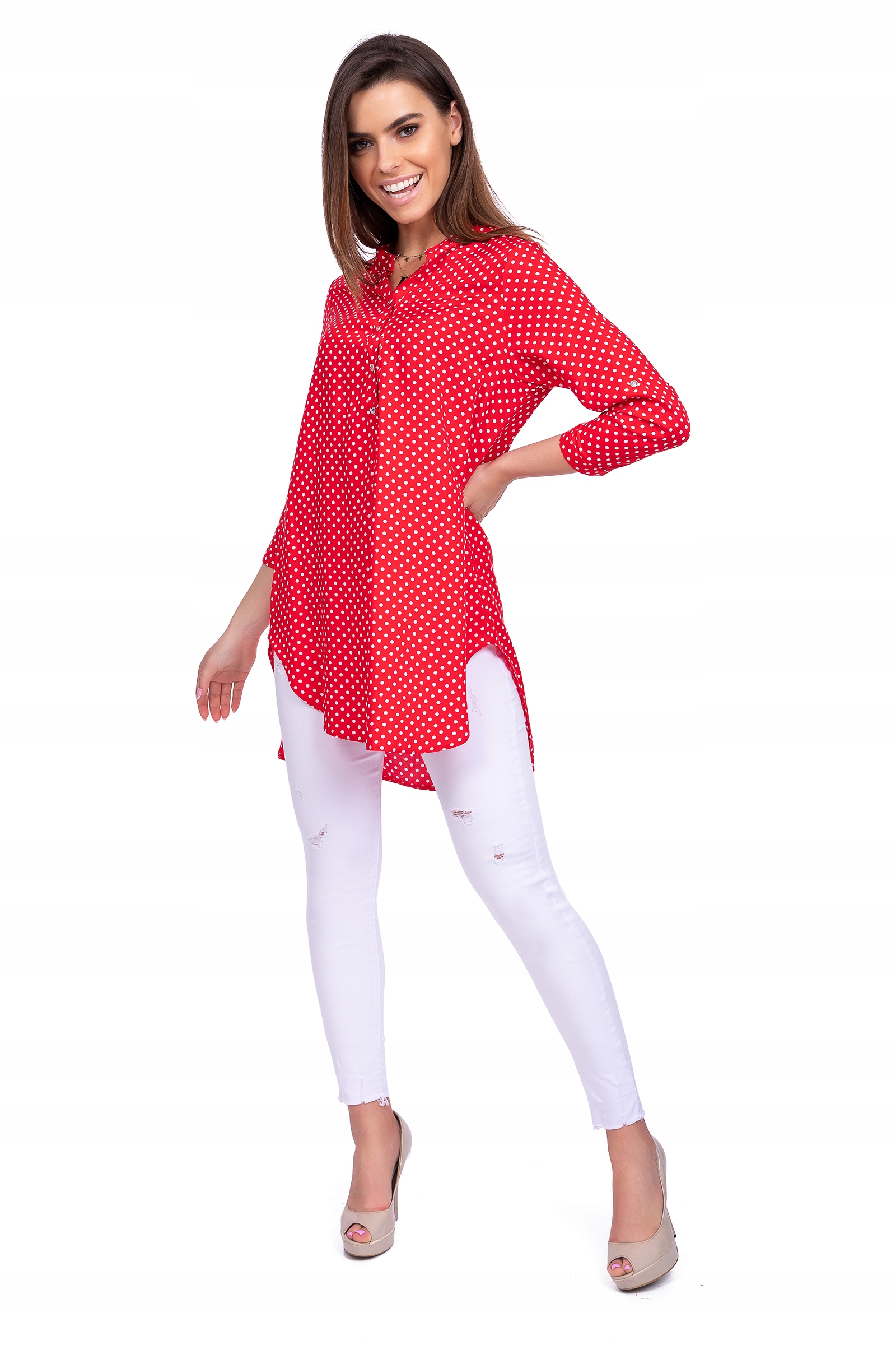 LUŹNA ASYMETRYCZNA DŁUGA KOSZULA groszki R - 54 Model NADIA- 04