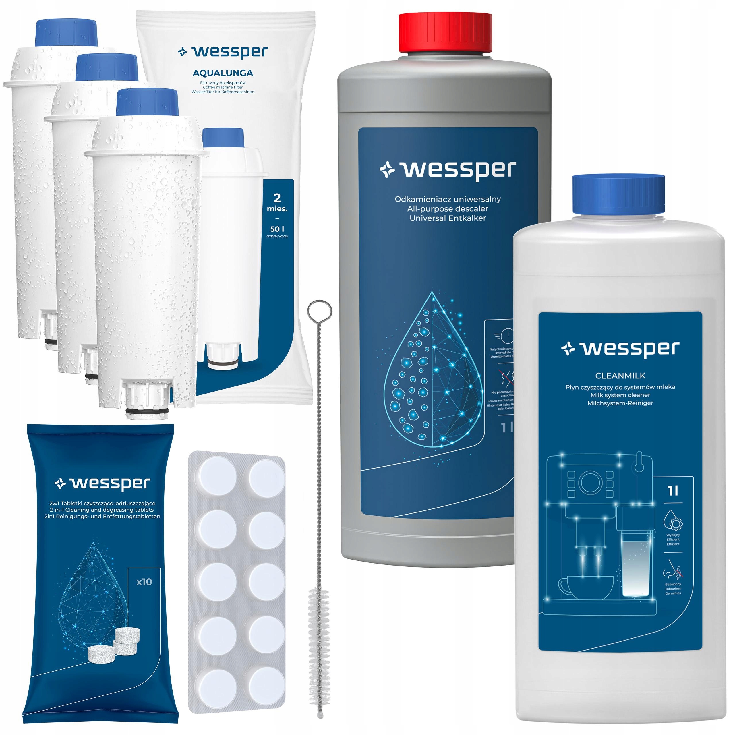 Sada Wessper pro kávovar Delonghi: 3 x filtr, odvápňovač, tableta, tekutina