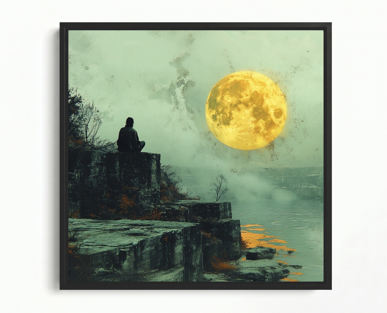 Obraz Rám Americký Box Člověk Skály Voda Měsíc Noc Meditace 40x40