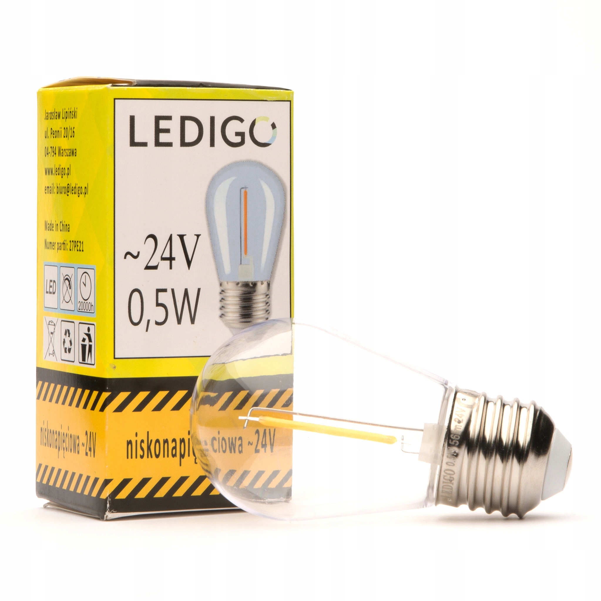 

Żarówka Led E27 0,5W niskonapięciowa 24V ciepła