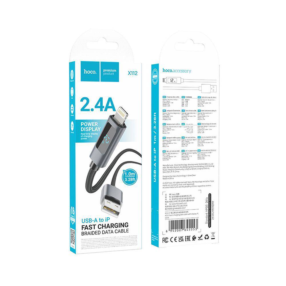 Kabel Usb A Do Lightning Hoco 2,4A Z Wyświetlaczem 1 M X112 Czarny