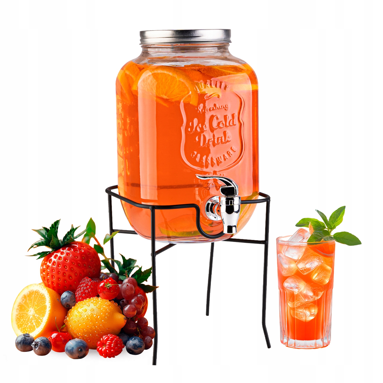 Słój 4 L na napoje soki wodę lemoniadę mrożoną herbatę z kranikiem +STOJAK