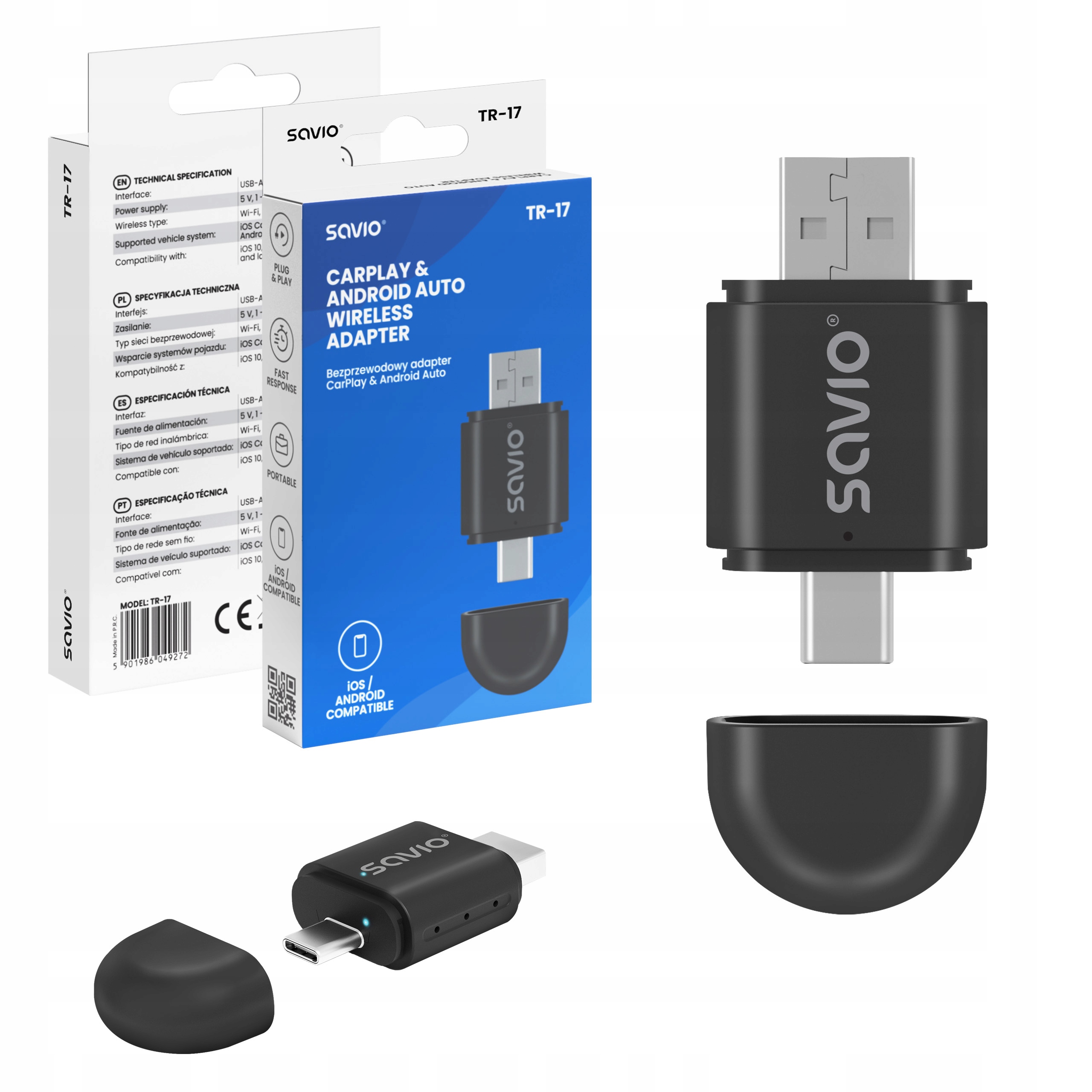 Bezdrátový adaptér do auta CarPlay Android Auto Bt Wi-Fi Savio TR-17