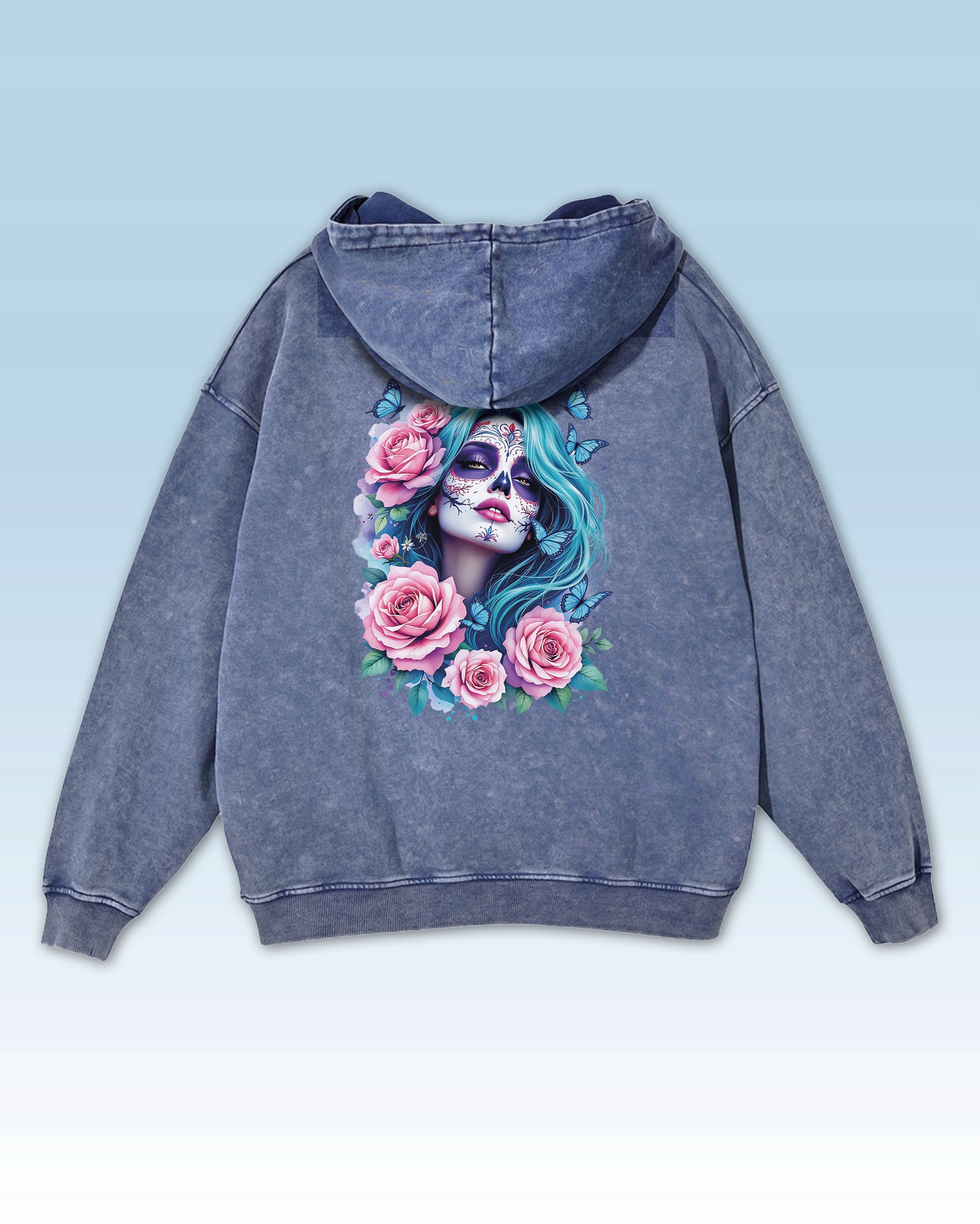 Oversize mikina s kapucí Žena s tetováním Květiny Motýl modrý L