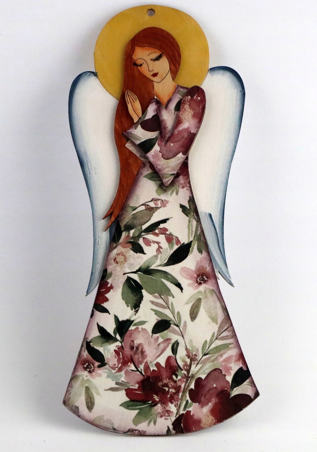 Středně velký dřevěný světle zlatý anděl s květinami