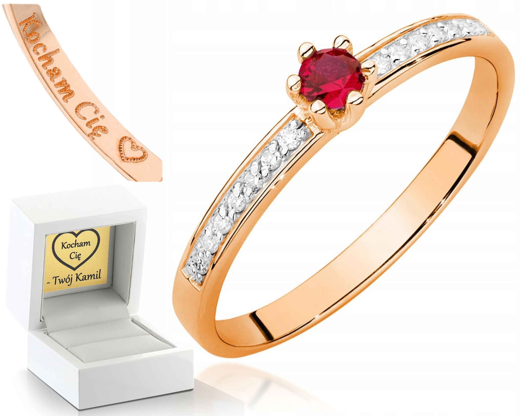 Růžové Zlato Prstýnek Rubín Brilianty Gravírování 585
