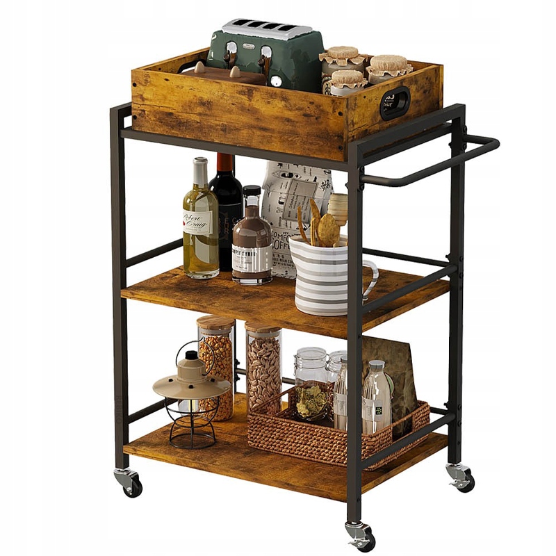 Wózek Kuchenny Zdejmowana Taca Brązowy Vintage Retro Loft Na Kółkach 86 CM