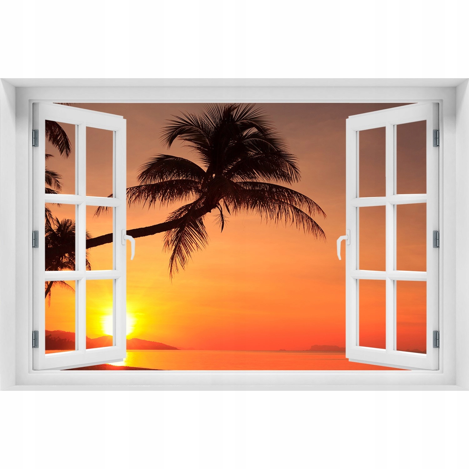 

Naklejka Fototapeta Okno Zachód słońca plaża 90x60