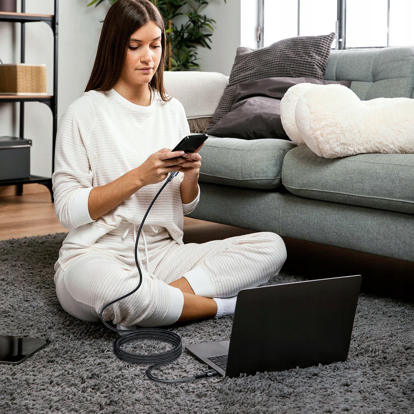 DŁUGI KABEL 300CM TYPE-C DO IPHONE 15 / GALAXY S24 / MACBOOK / LAPTOP - 66W Konstrukcja oplot