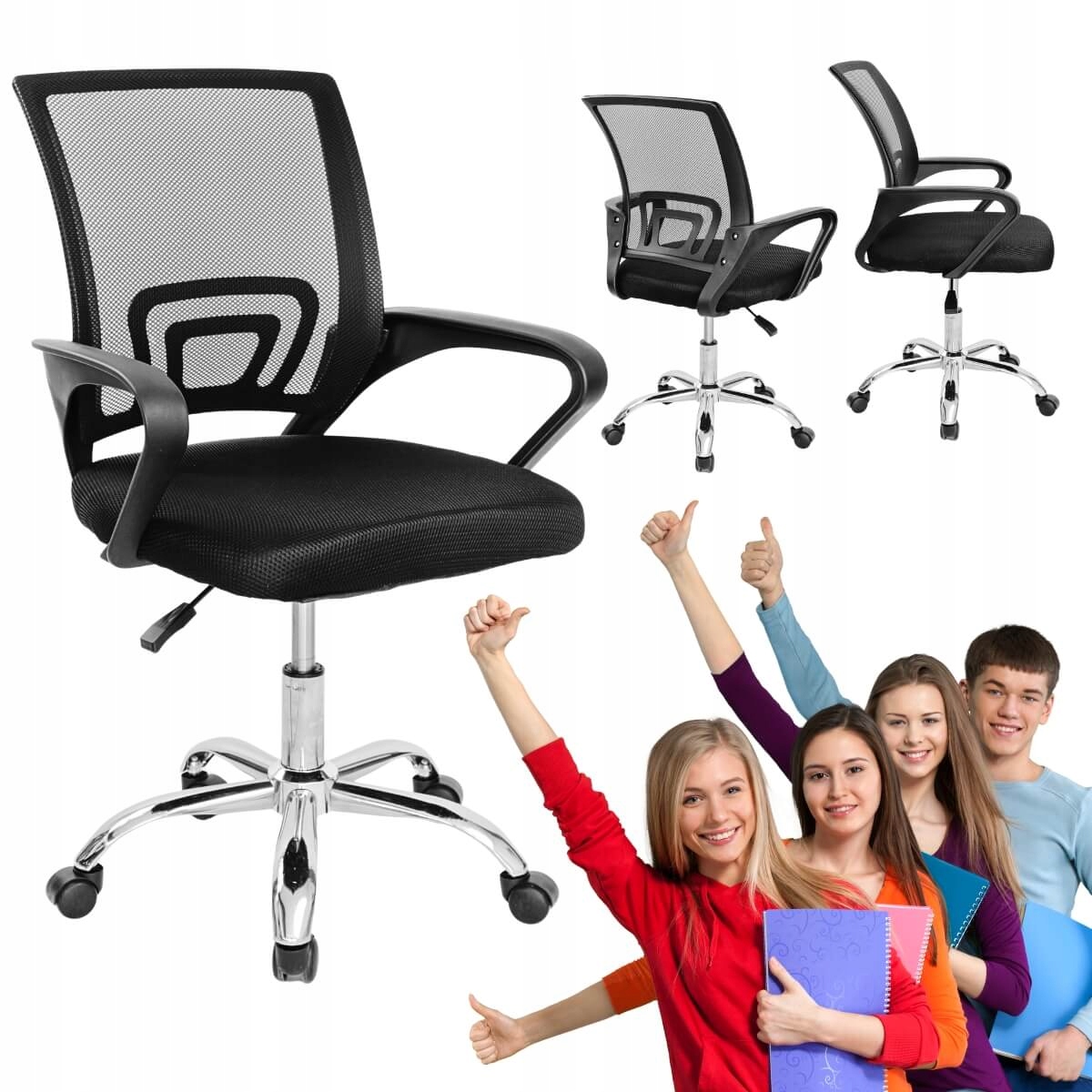 Fotel gamingowy Czarny obrotowy ergonomiczny Siateczka Młodzieżowy