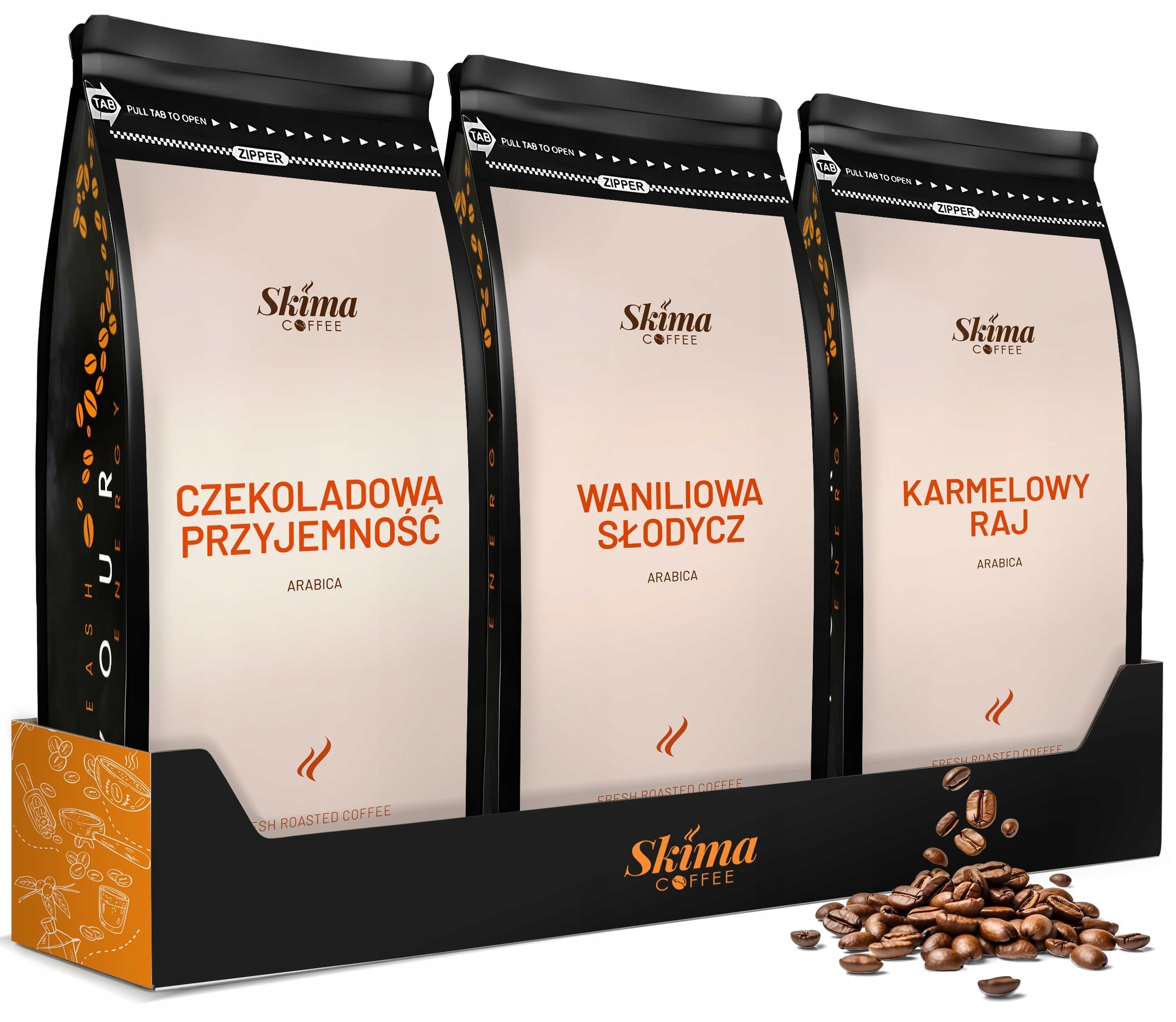 Káva zrnková 1 kg x 3 Vanilková Čokoládová Karamelová Arabica čerstvá Dárek