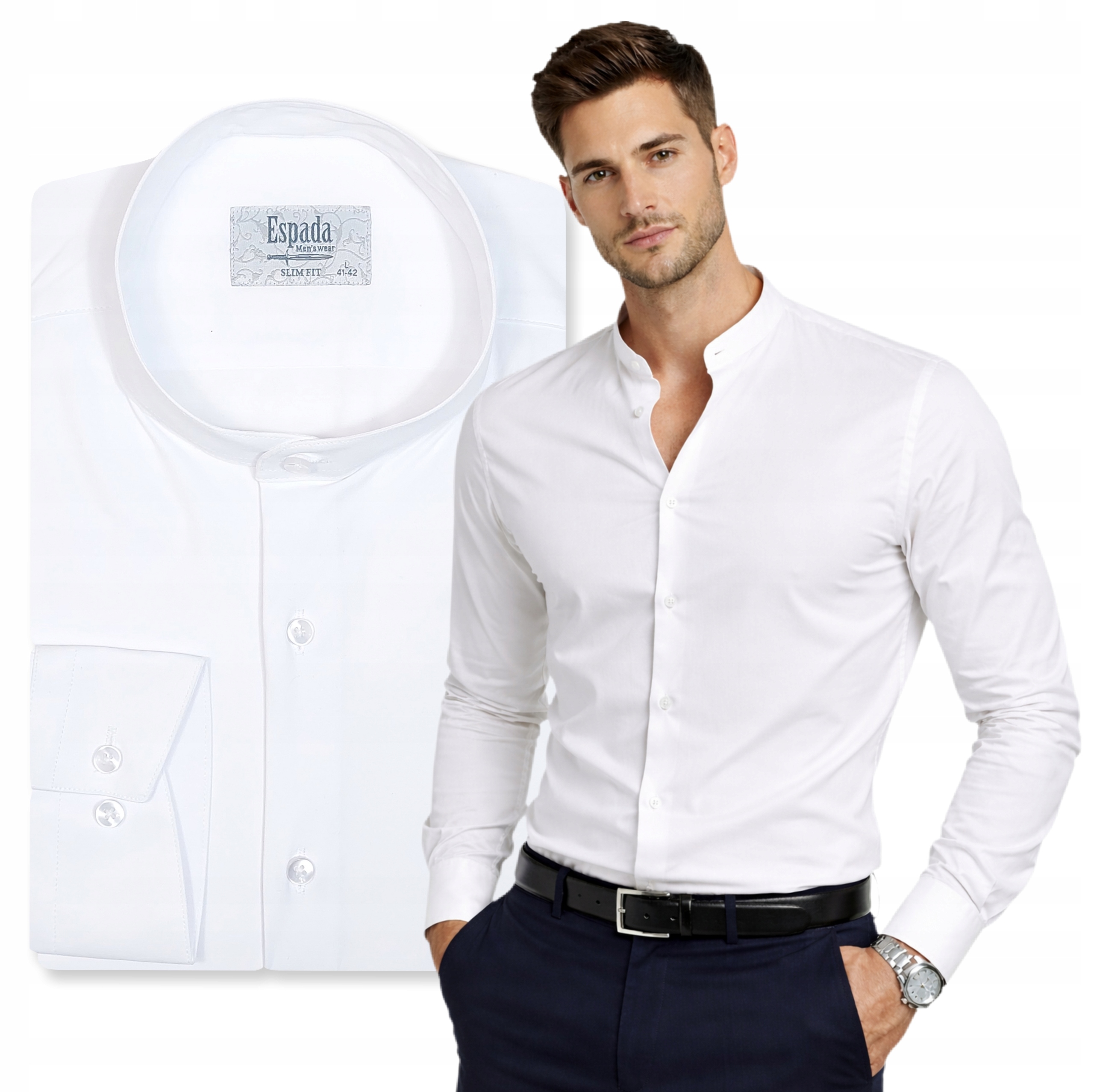 Pánská košile se stojáčkem Bílá Bavlněná Návštěvnická Elegantní Slim vel. XL