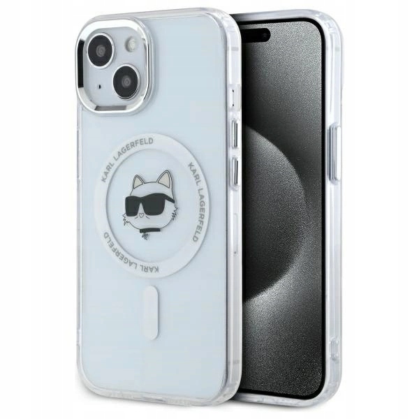 Pouzdro Karl Lagerfeld IML Metal Choupette Head MagSafe na iPhone 15 bílé