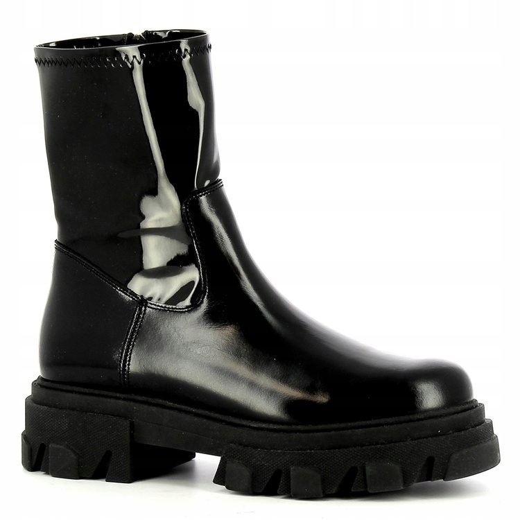 CARINII B7284 BOTKI WORKERY SKÓRA LAKIER CZARNE
