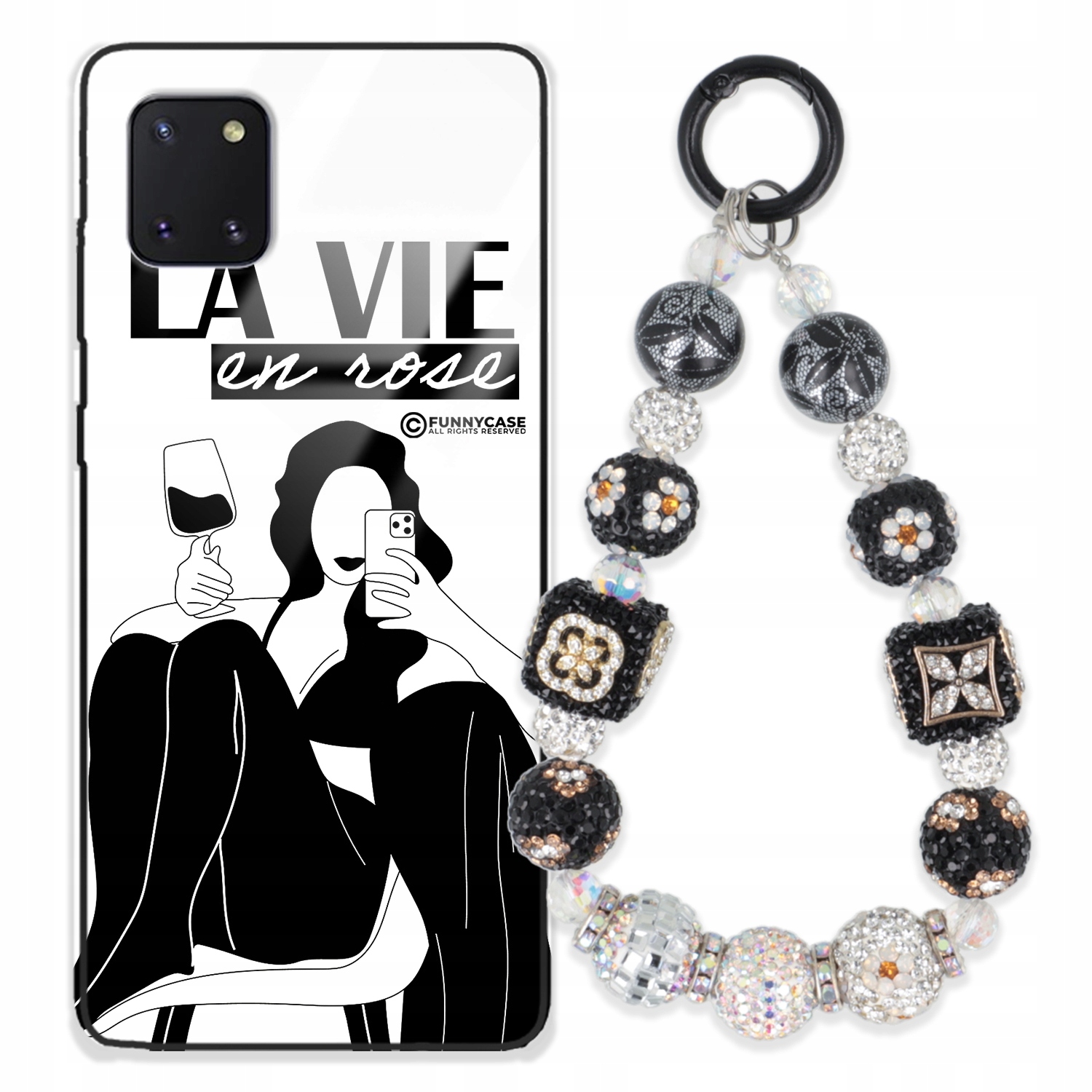 Puzdro Na Samsung A81 Glass Ženské Čierno-biele Kľúčenka, Strieborný Zirkón