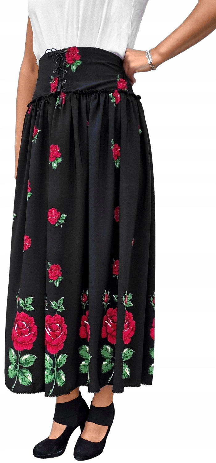Regionální vzdušná černá Sukně s dlouhými květy a lidovými růžemi FolkStyle*XL*