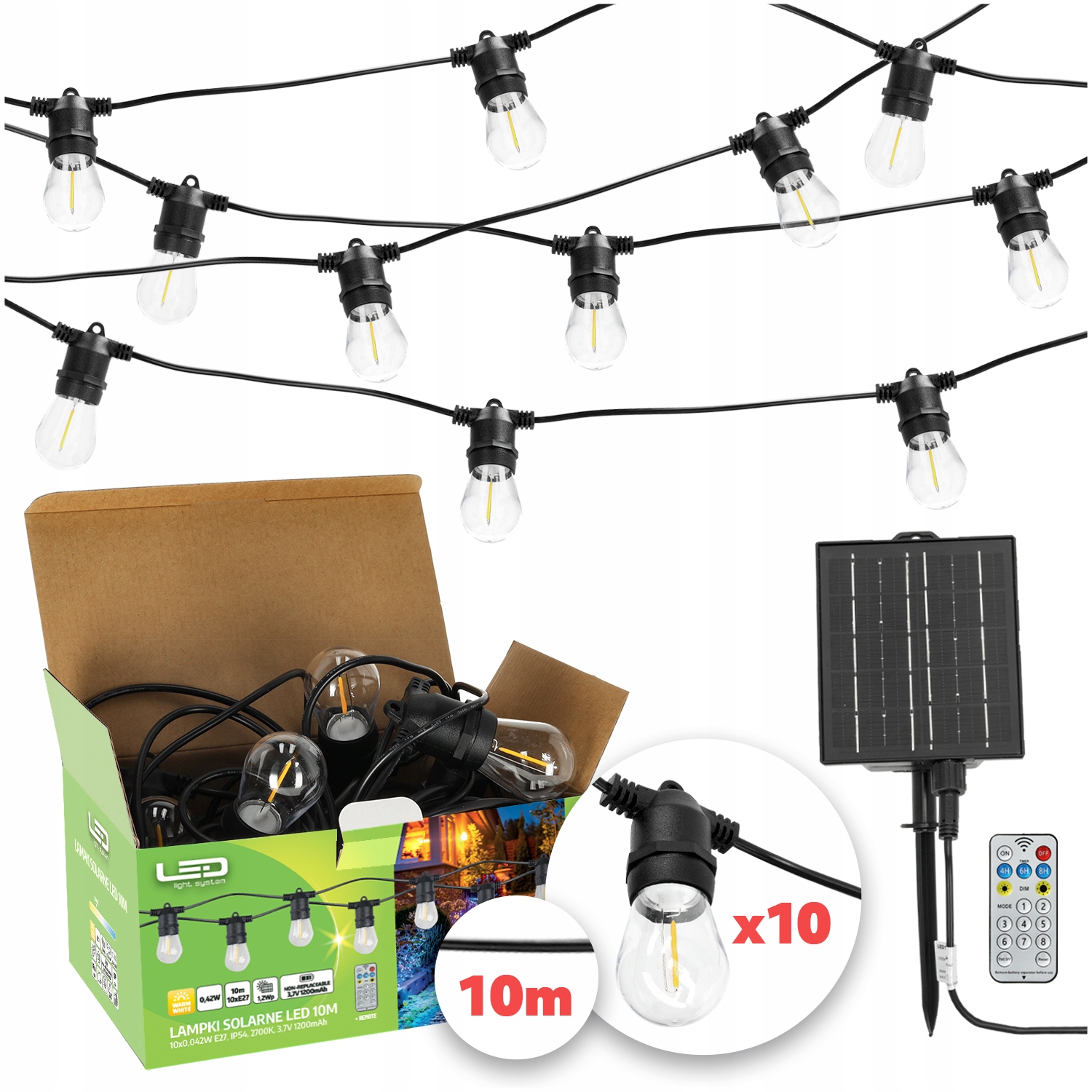 Solární zahradní Led girlanda 10 m, 10 x žárovka E27