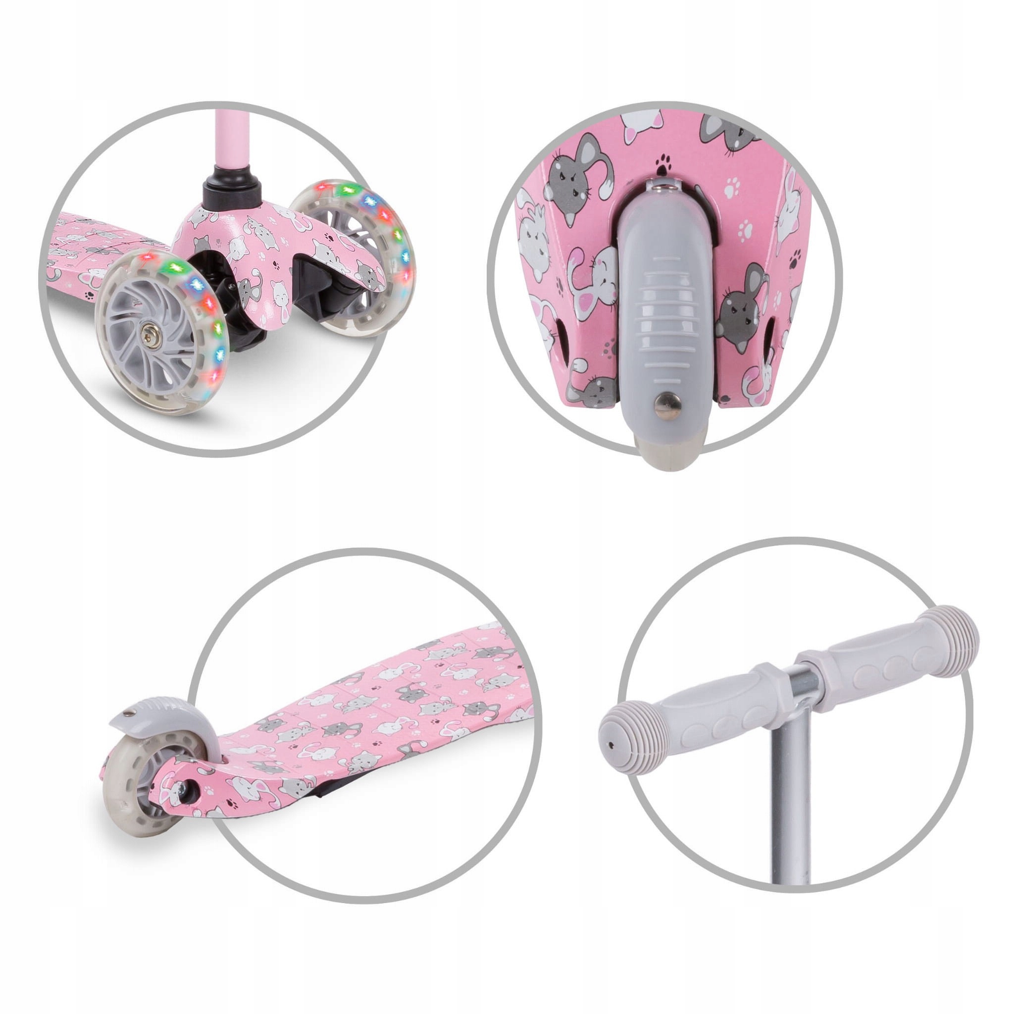 HULAJNOGA BALANSOWA TRÓJKOŁOWA DLA DZIECI DZIEWCZYNKI KOTKI KOŁA LED KIDWEL Hamulec tak
