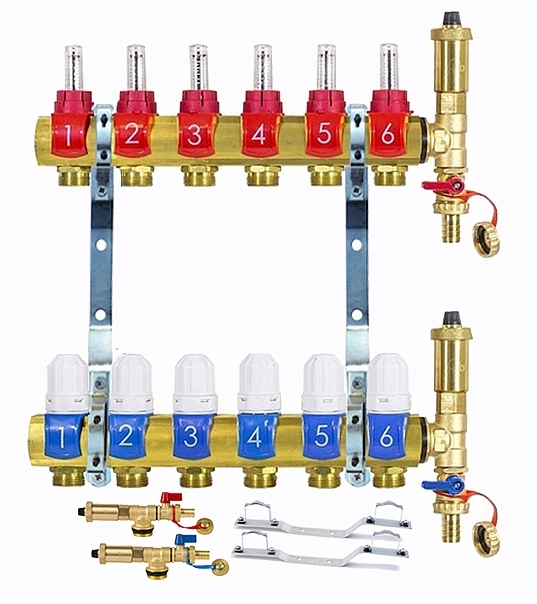 Rozdeľovač 6 Obvodov Sekcií Pre Podlahové Vykurovanie Mosadznej Podlahy