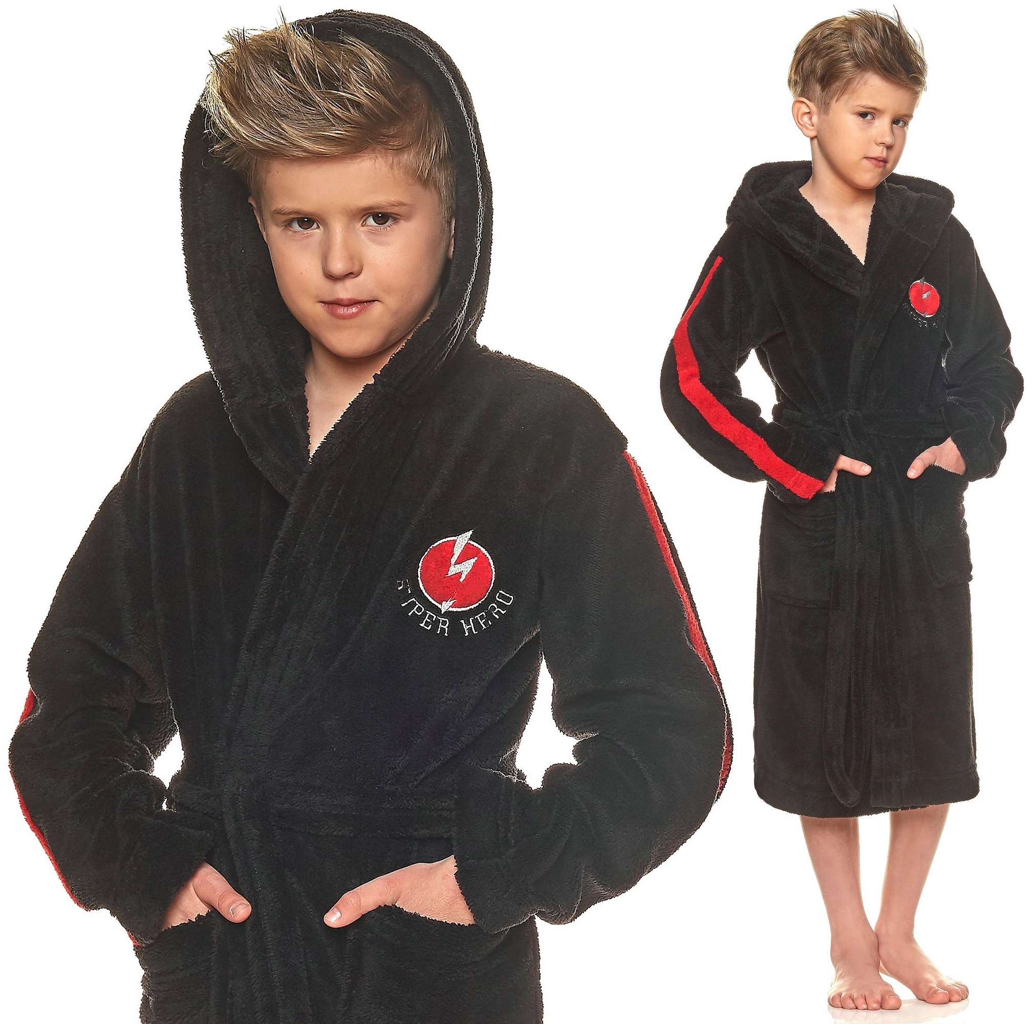 CIEPŁY PUCHOWY SZLAFROK CHŁOPIĘCY Z KAPTUREM 164