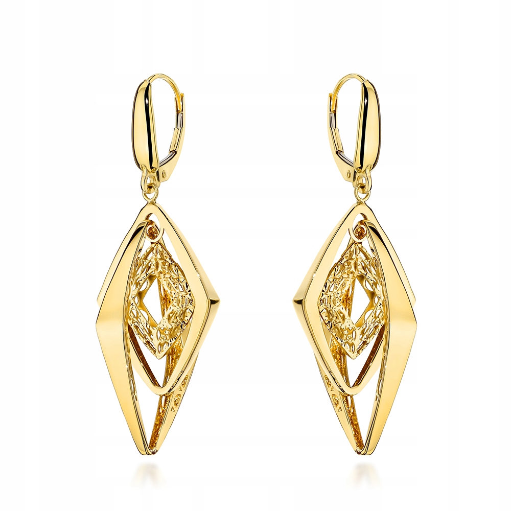 Zlaté náušnice 585 Závěsné ažurové Romby Dvojité 4.92g s Rombami 14kt