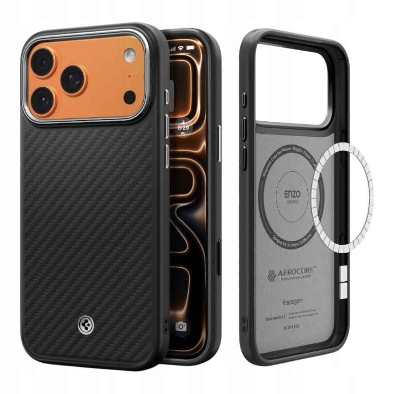 Spigen Enzo Aramid T Mag MagSafe Pouzdro pro iPhone 17 Pro Max (černý/stříbrný)