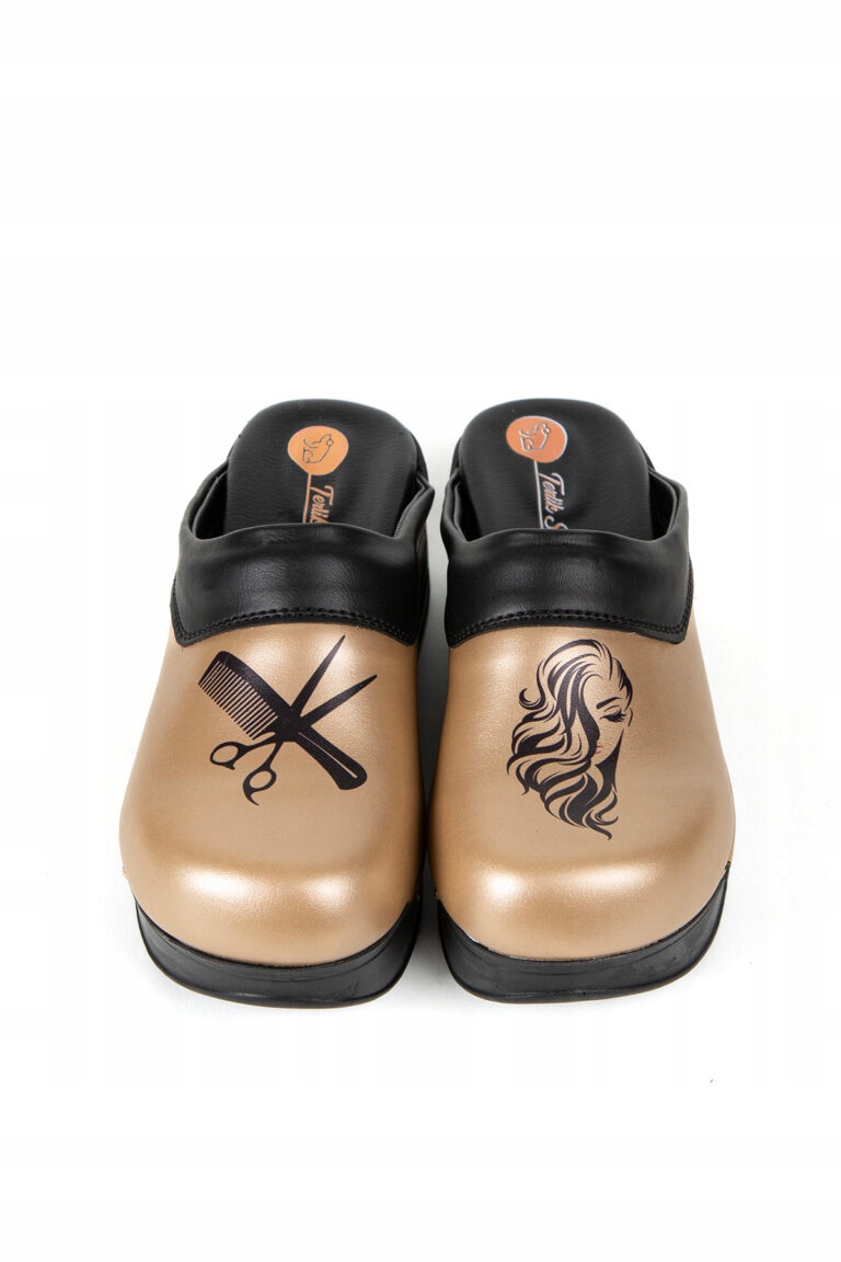 Air Clogs buty robocze złoto-czarne ze wzorem fryzjerskim 43