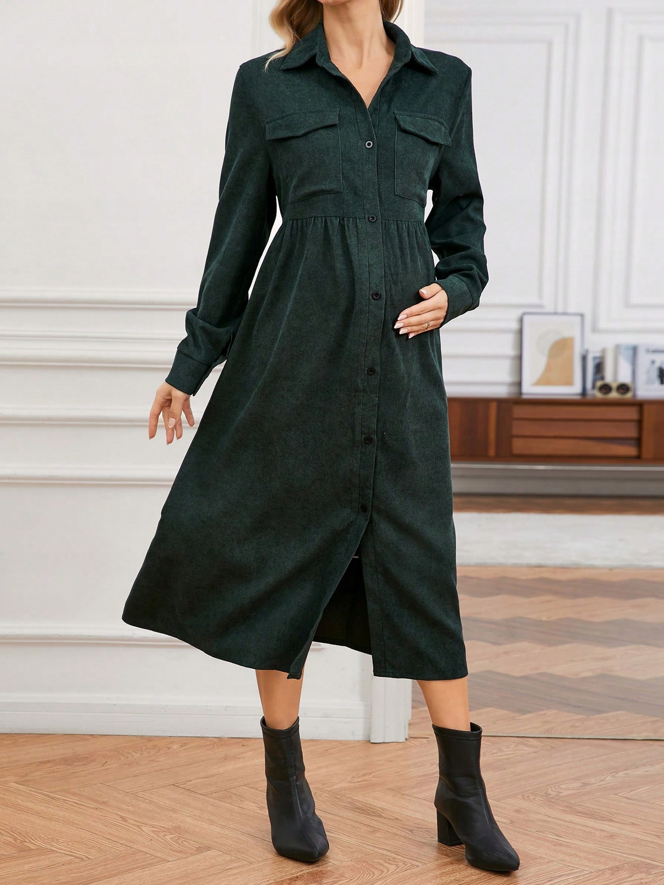 Šaty Šusťáková Košilová S Dlouhým Rukávem Zelená Casual Shein S 36