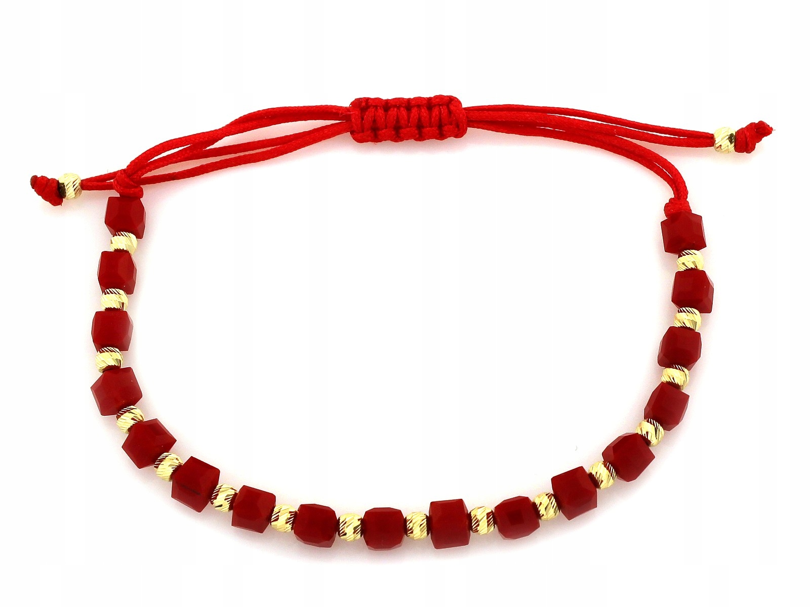 Červený náramek 585 ze zlata na provázku, zlaté kuličky 0.48 g jako dárek