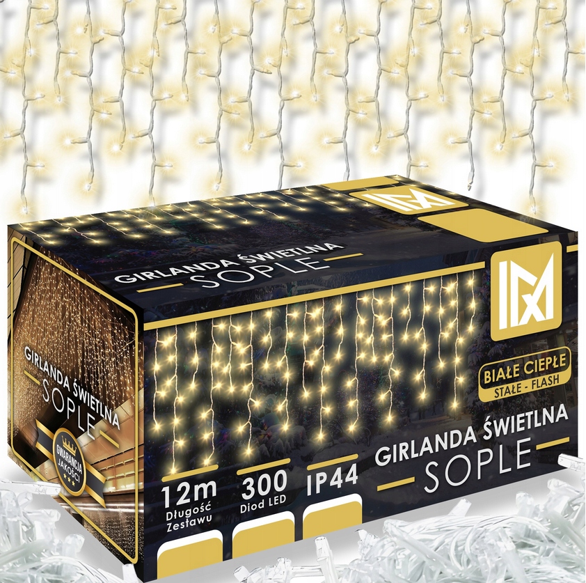 LAMPKI OZDOBNE ŚWIĄTECZNE SOPLE 300 LED 12M ZEWNĘTRZNE ŚWIATEŁKA ŚWIĄTECZNE