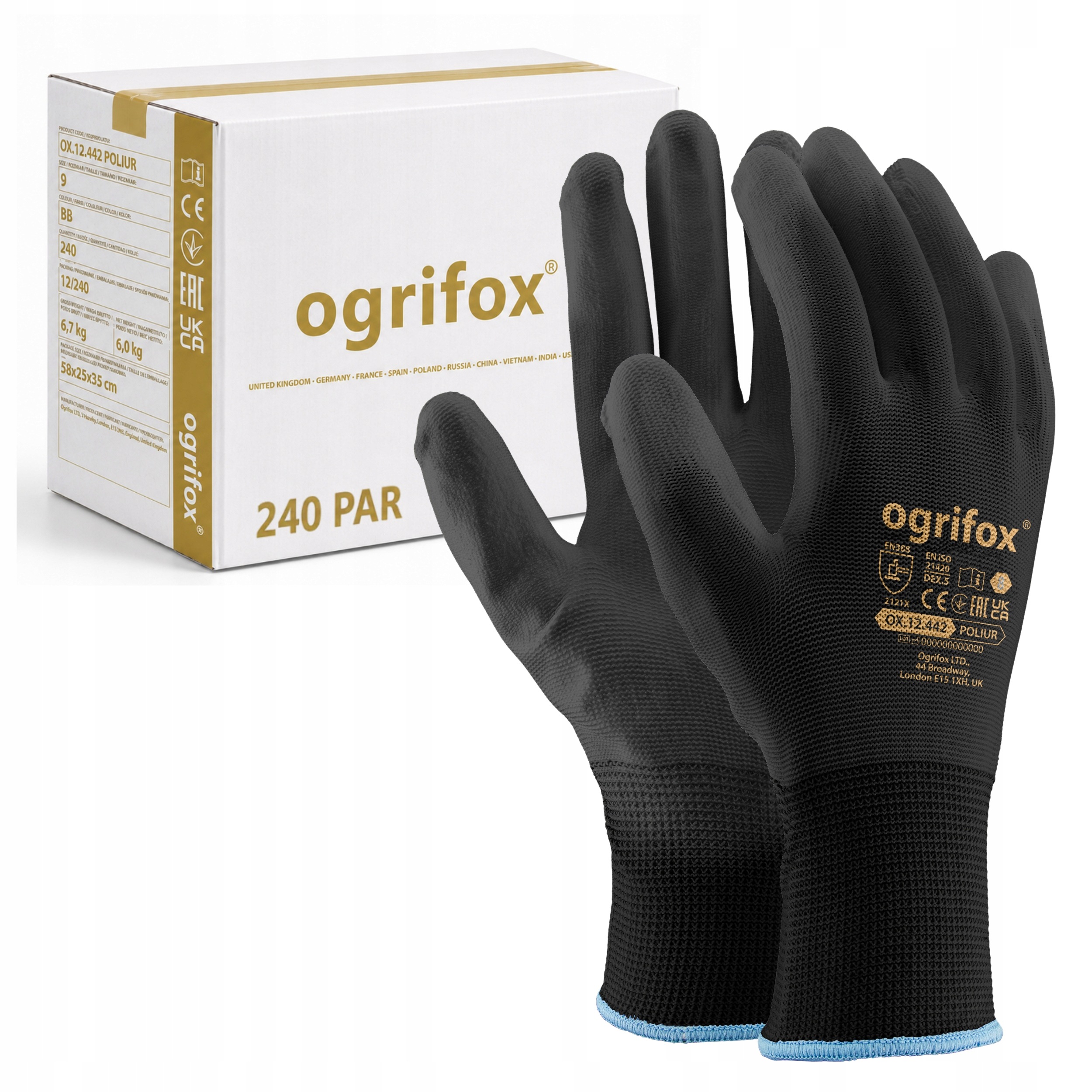 Odolné rukavice Pracovní Rukavice ochranné Ogrifox Karton 240 párů vel. 9