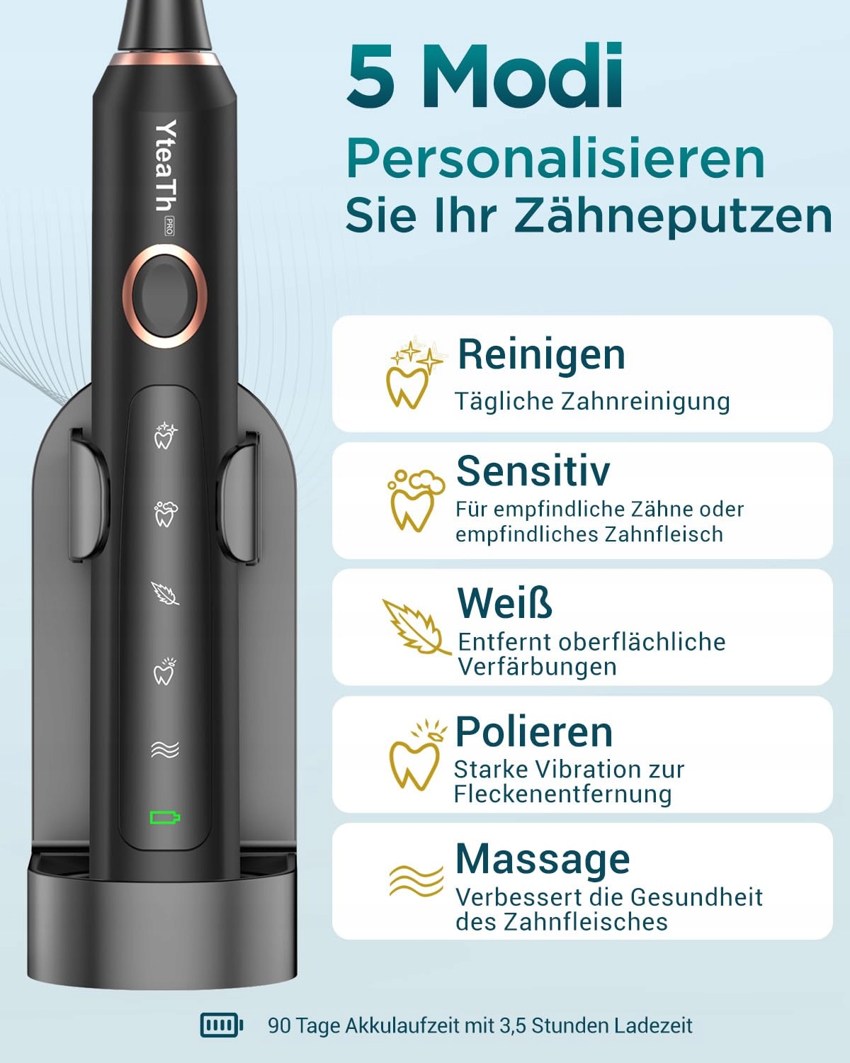YTEATH PRO Szczoteczka Soniczna Dla Dorosłych I Dzieci 8 Główek 5 Trybów — miniatura 8