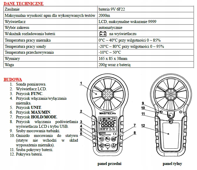 Miernik TERMOANEMOMETR MS6252B Wilgotność temp. Marka Mastech