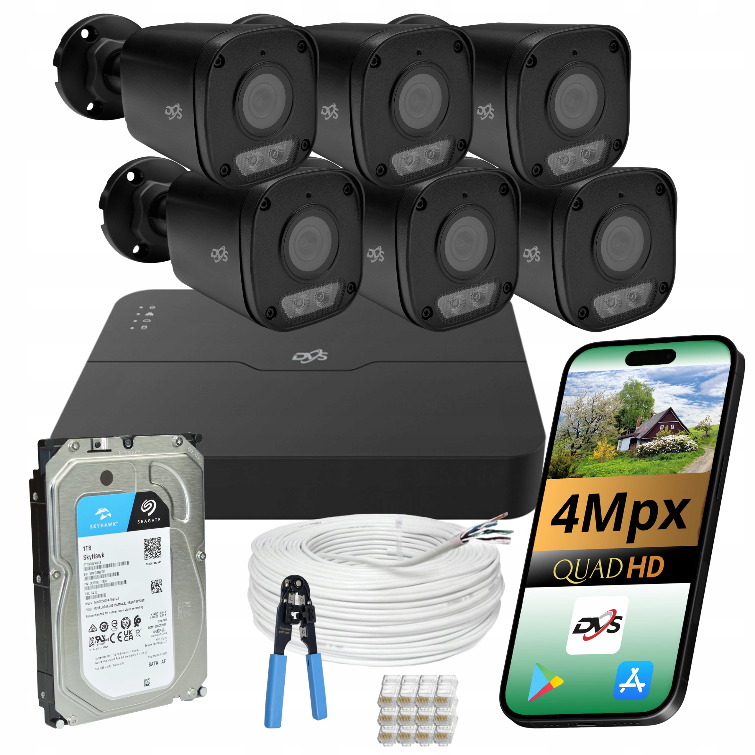 Monitorování Dvs Ip PoE 6 černých tubusových kamer 4Mpx Ir Led s 1TB diskem