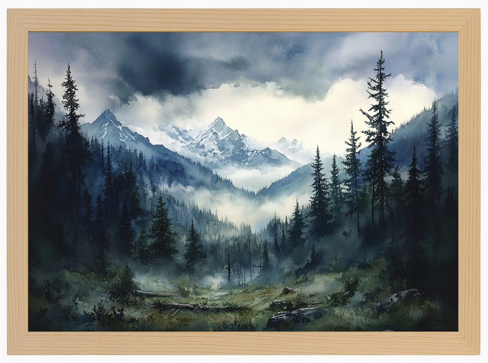 Plakát Rámeček Dřevo Krajina Hory Vrcholy Lesa Nebe Mraky Bouře 100x70