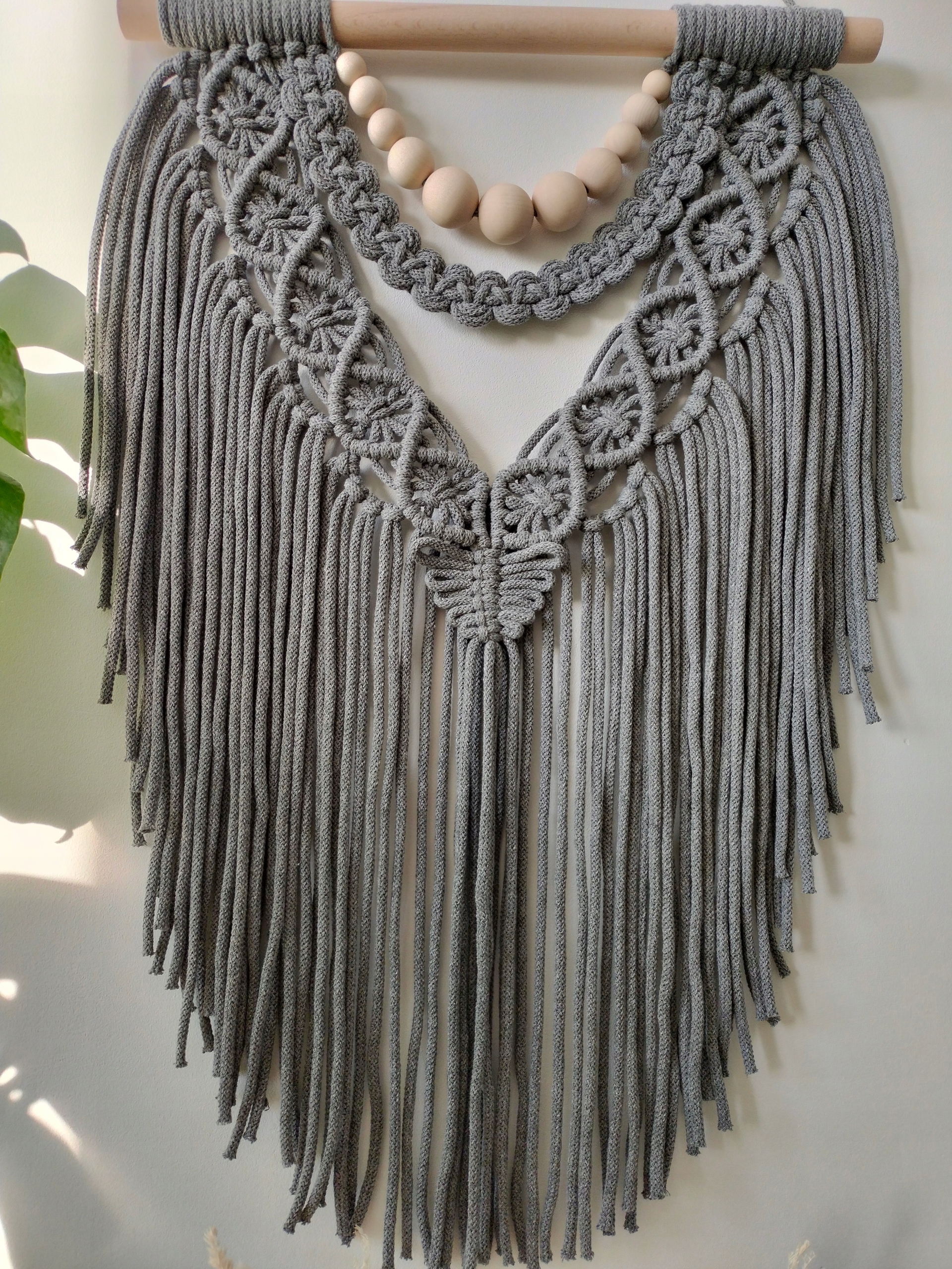 Makramé Šedá Velká s provázkem na zeď ozdoba boho