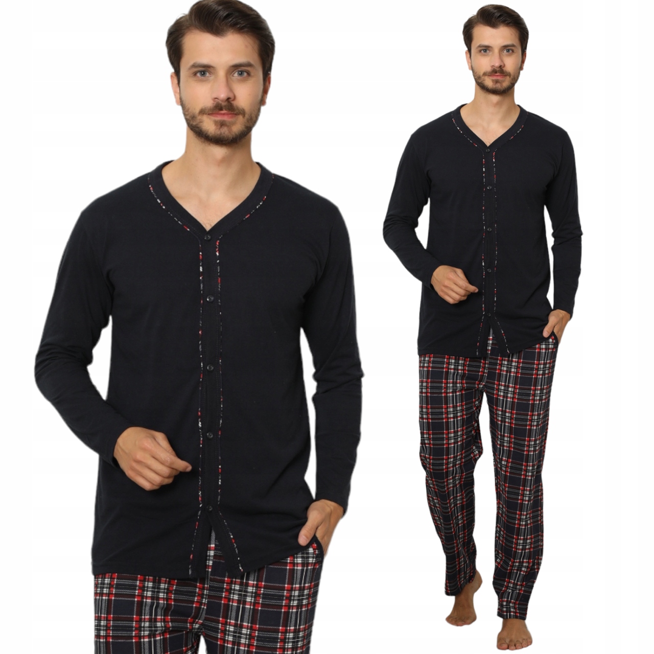 PIŻAMA MĘSKA DŁUGI RĘKAW CAŁA ROZPINANA/BAWEŁNA