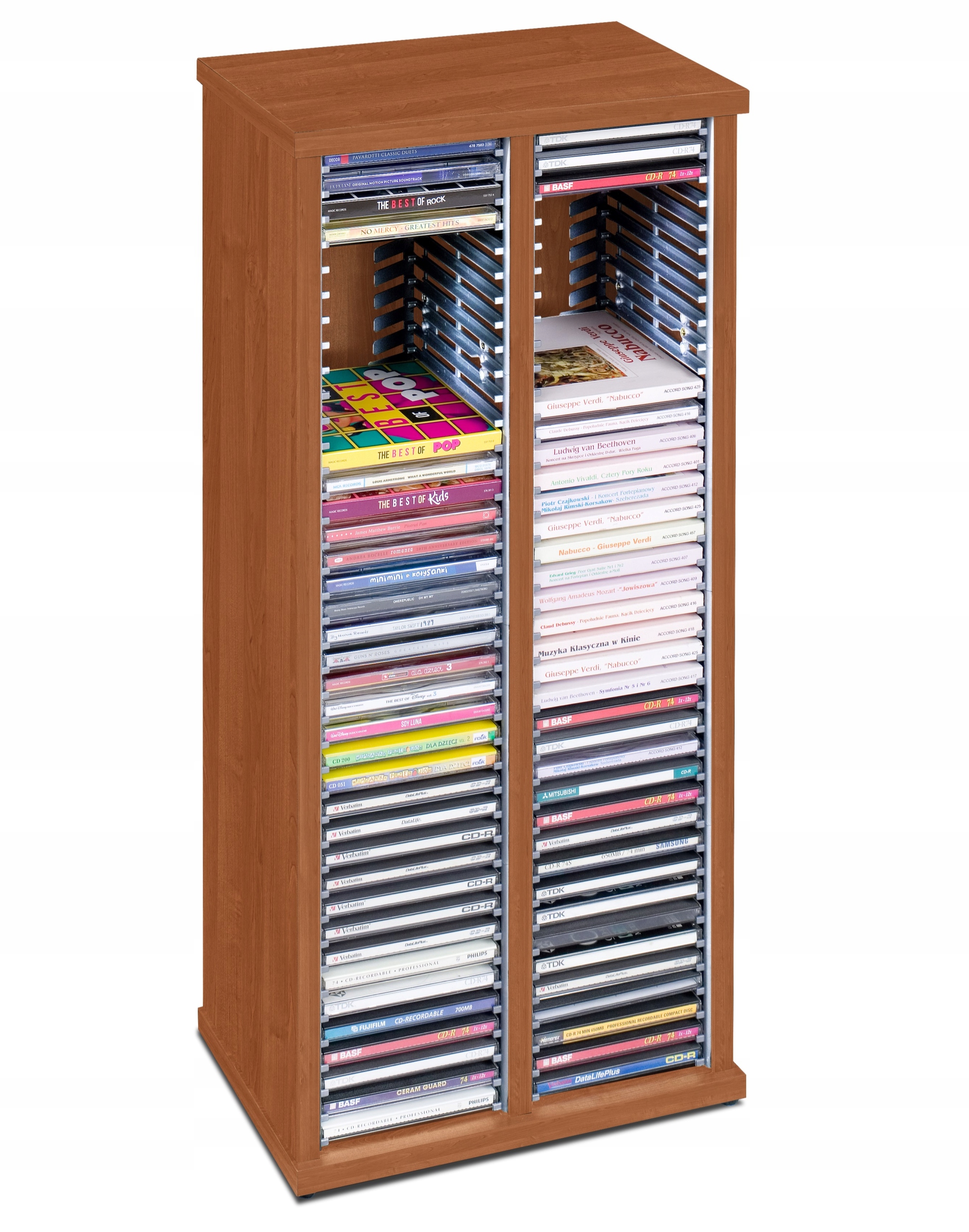 Kontajner na CD, stojan, regál, polica 80 CD, audio, dvojitý, olša, Zložená