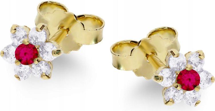 Zlaté náušnice 585 rubínové kvítky zirkony 1g elegantní pro ni 14k