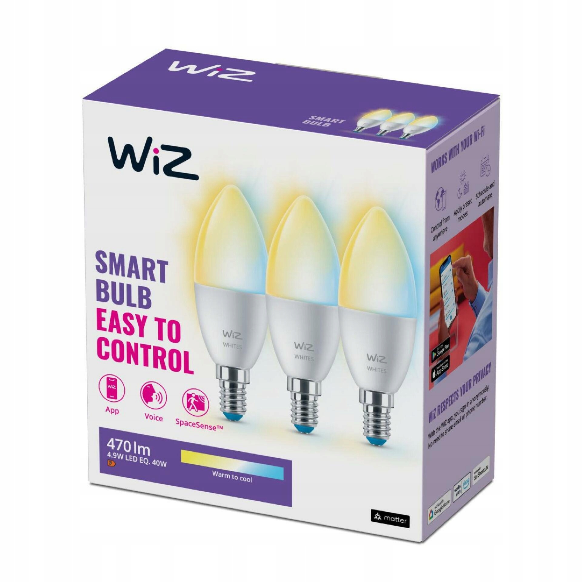 WiZ Set 3x Led žárovka E14 C37 4,9W 470lm 2700-6500K IP20, stmívatelná