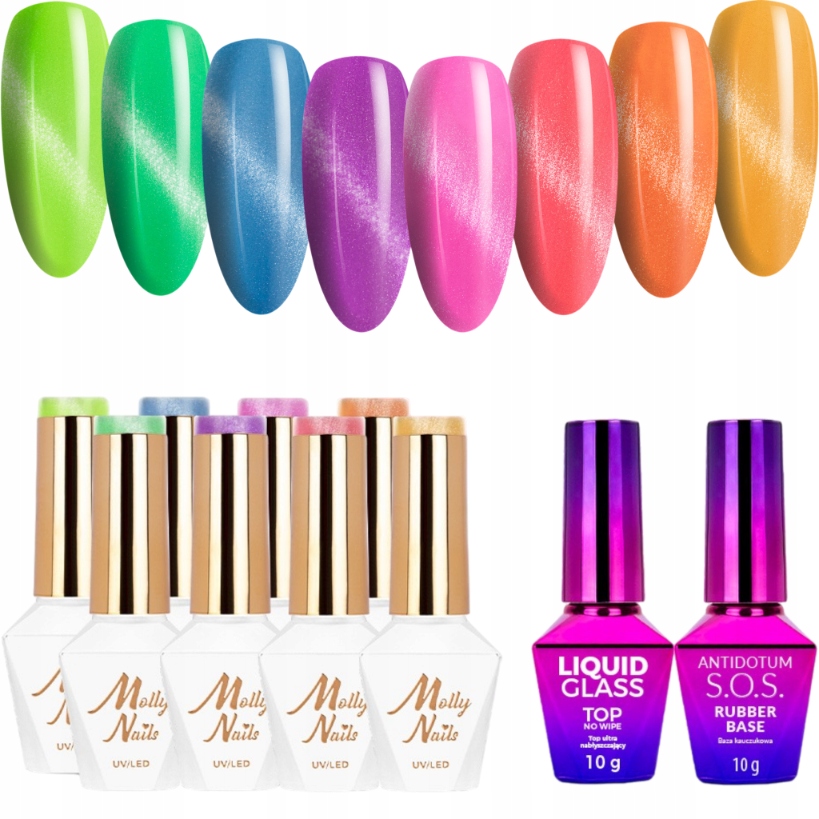 8x Hybridní lak Mollynails 8g Cat Eye Pastel Báze Top Set Jaro